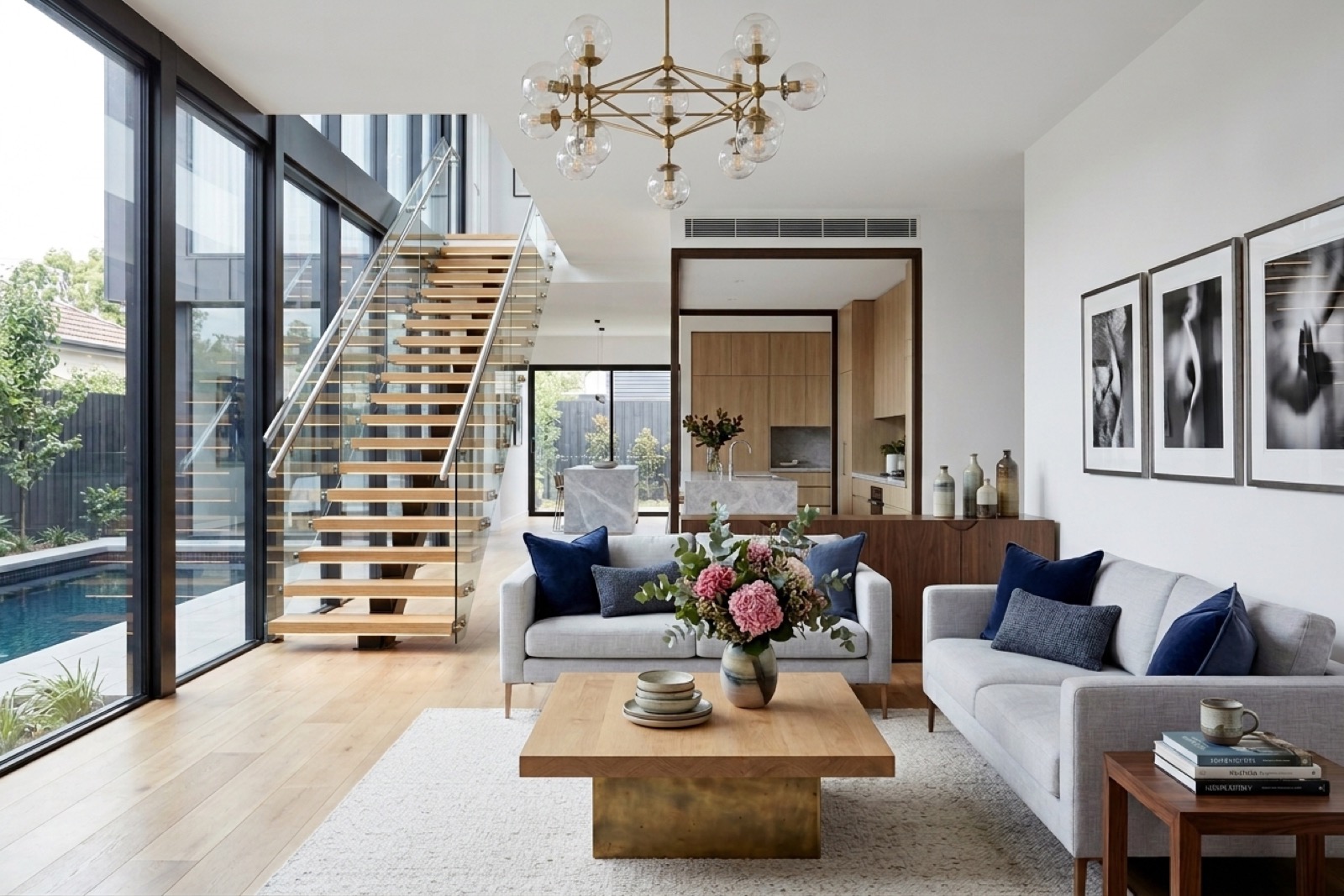 Double-height living room with floating oak staircase, brass chandelier, and navy accents