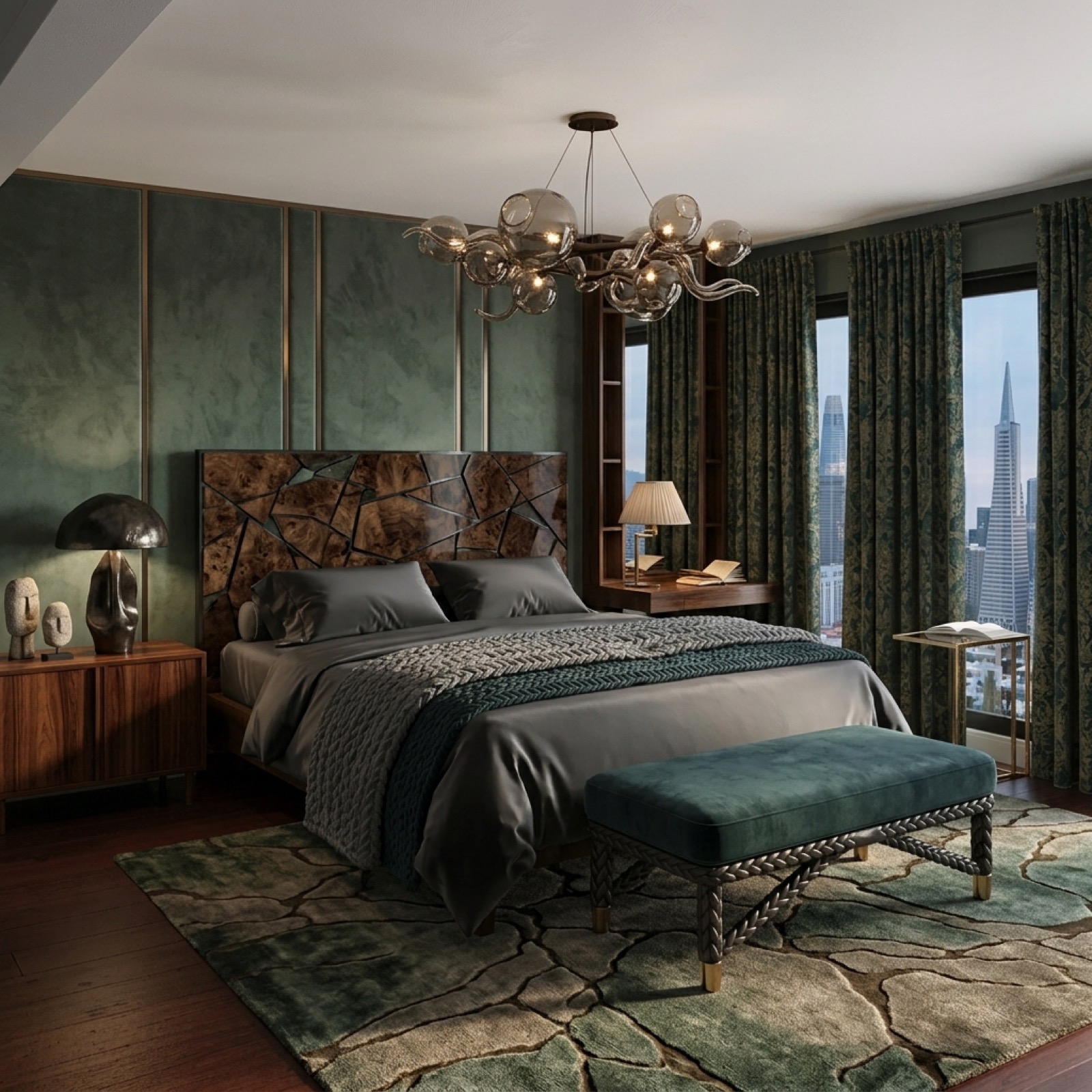 Moody bedroom with green velvet walls, burl wood headboard, and city views