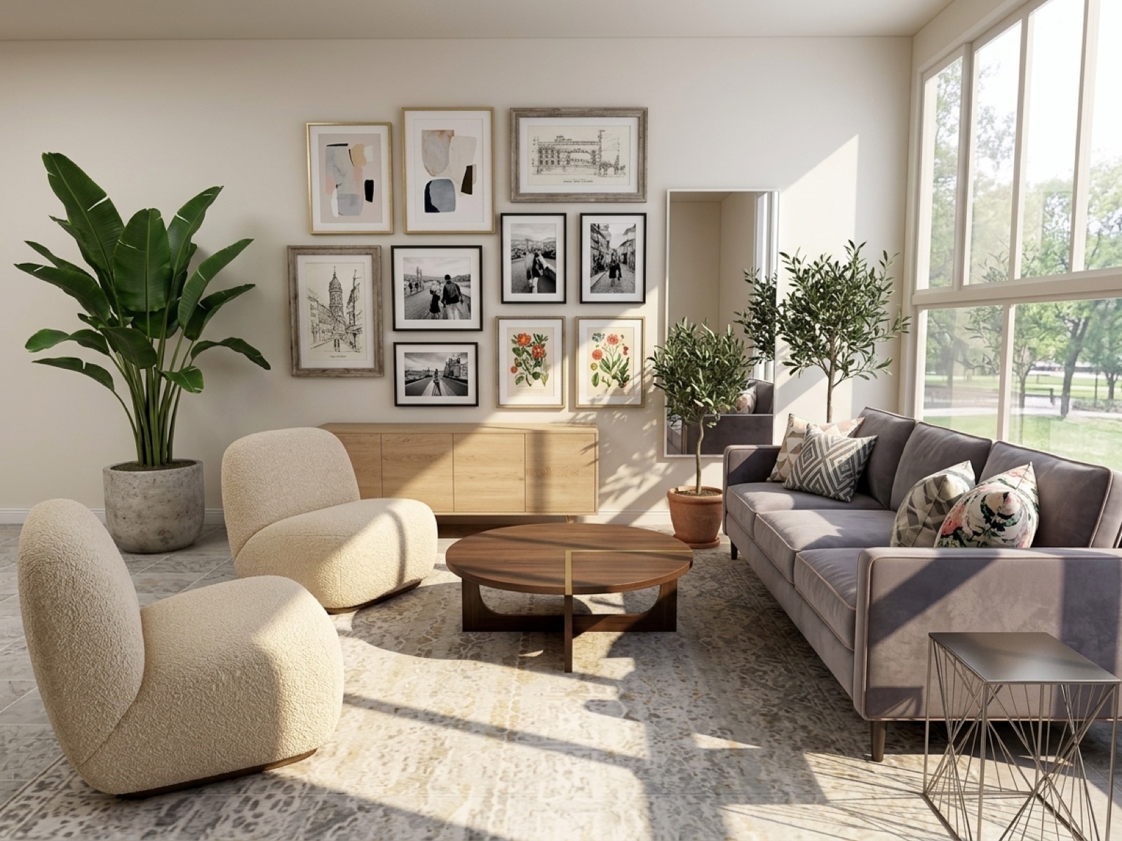 Sunlit family room with boucle chairs, gallery wall, and grey velvet sofa