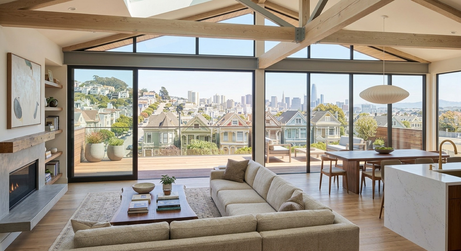 Vaulted great room with exposed beams, terrace, and Victorian rooftop views